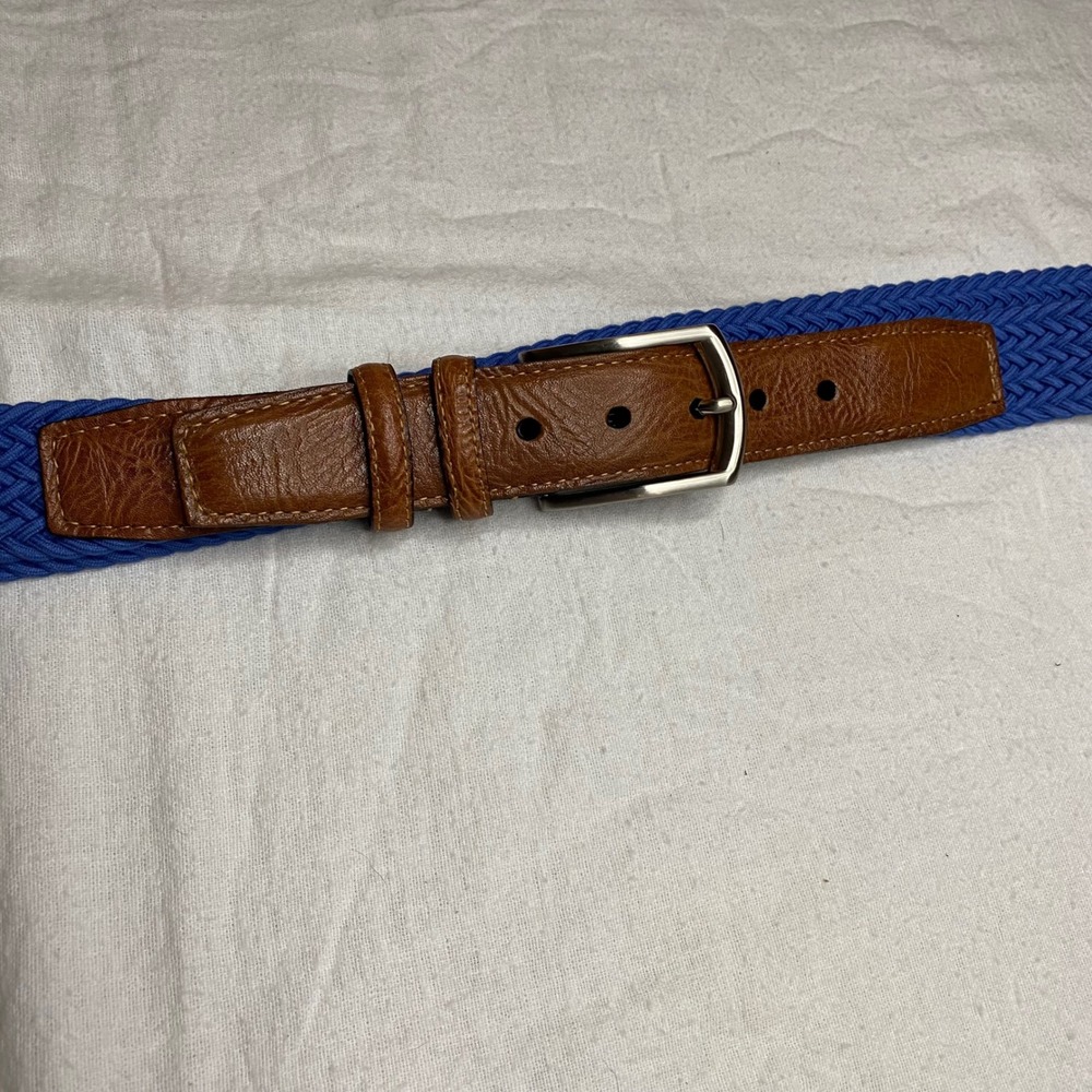 Torino Belts Mens 34 Blue Woven Elastic Stretch Belt Brown Leather Trim Usa